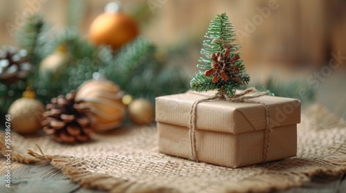 Box with wooden Christmas tree inside on a beige background. Idea of a Christmas gift. Minimalist concept.