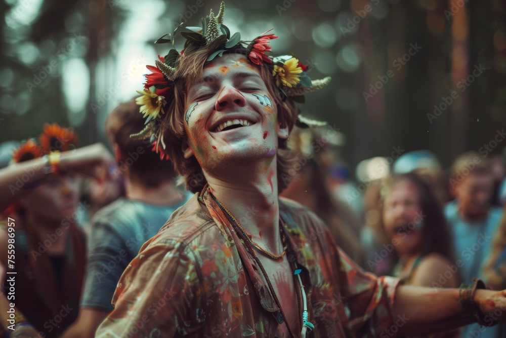 A young man at a music festival, dancing with abandon to his favorite band.