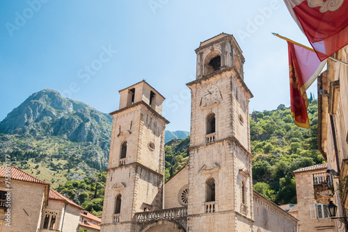Cathedral of Saint Tryphon in Kotor, Montenegro on Adriatic sea in sunny day. Popular summer vacation destination photo