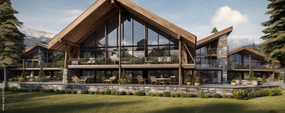 Wooden modern chalet in alps mountains. Super modern houses or huts with big windows Wooden modern chalet in alps mountains. Super modern houses or huts with big windows