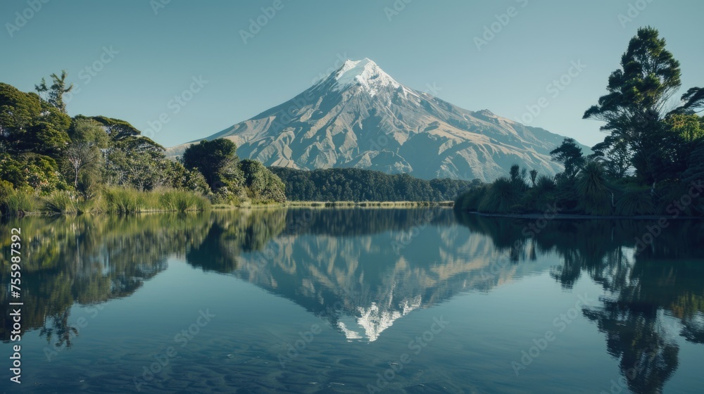 Mountain reflected in calm lake, ideal for nature-themed designs.