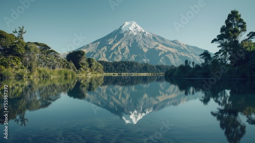 Mountain reflected in calm lake  ideal for nature-themed designs.