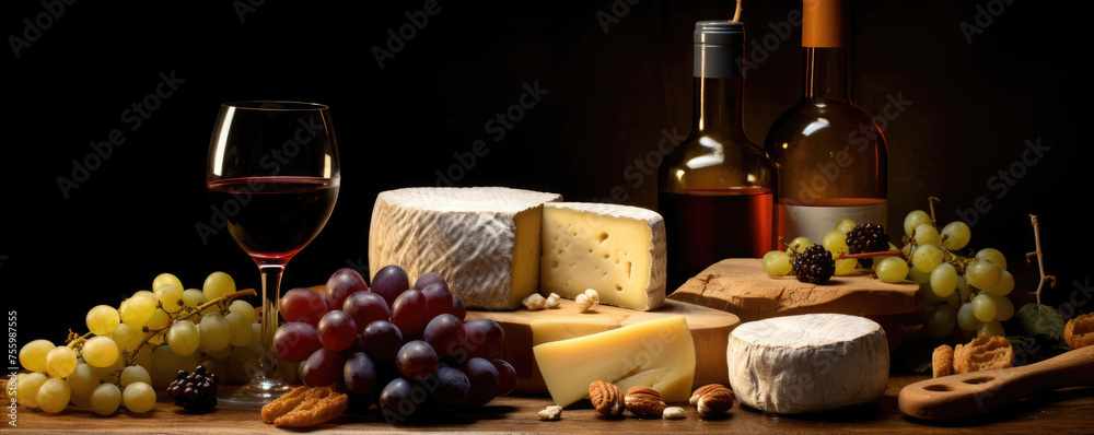 Various cheeses with wine, fresh grapes, fruits on wooden board, Finest cheese composition