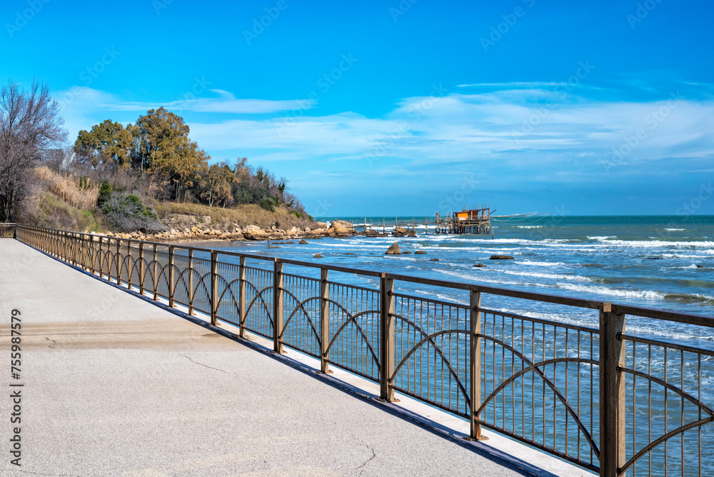Vasto, district of Chieti, Abruzzo, Italy, Europe, seafront promenade, in the background Trabocco