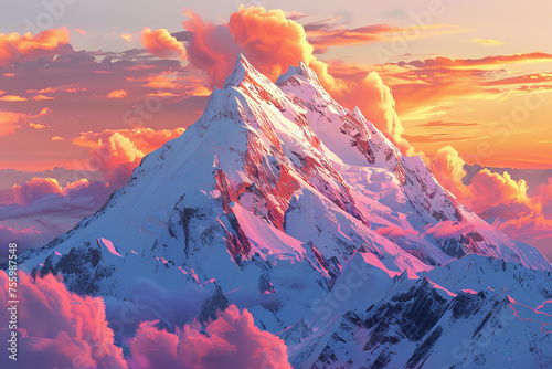 A snowy mountain peak at sunrise, the sky painted in shades of pink and orange