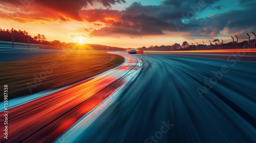 An image of a blurred racetrack at sunset, with motion blur