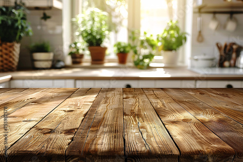 Rustic wooden counter in a sunlit kitchen with soft background