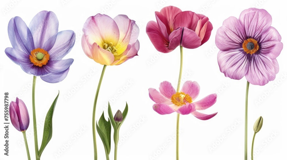 Various colored flowers on a simple white backdrop. Perfect for adding a pop of color to any design project.