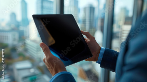 Businessman using tablet by office window