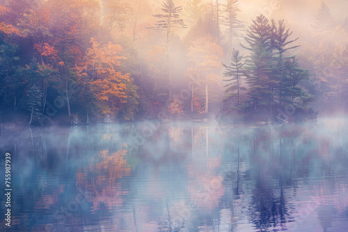 A serene lakeside scene with mist rising from the water, reflecting the colors of dawn © Formoney