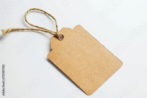 A brown price tag hanging from a string. Suitable for retail and sales concepts.