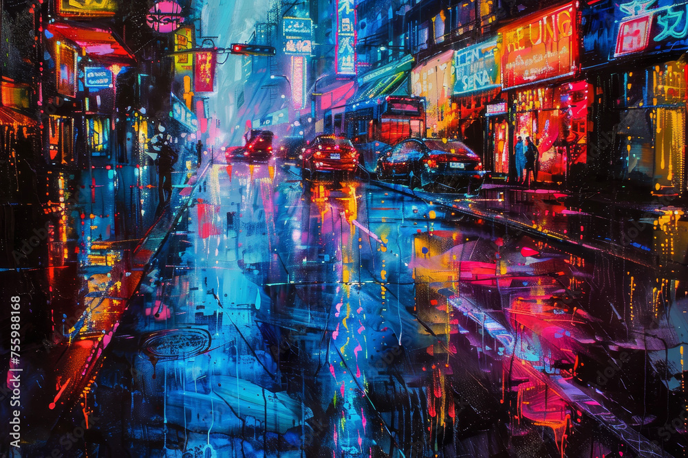 A rain-soaked city street, neon signs casting colorful reflections on the pavement.