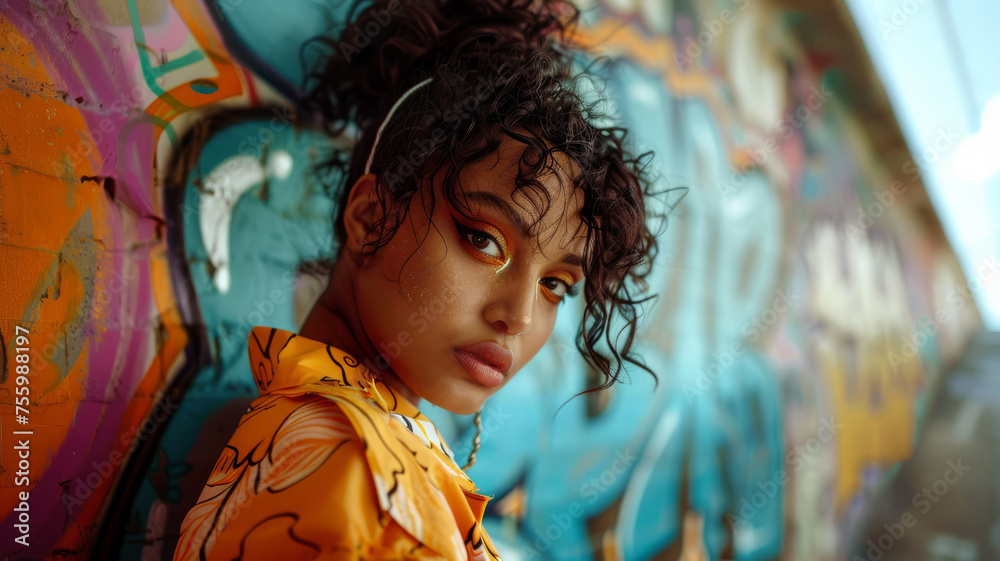 Young woman with earphones by graffiti wall. Young woman with earphones by graffiti wall.