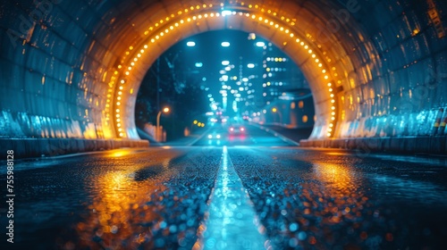 Nighttime asphalt road tunnel with light trails and beautiful city skyline background.