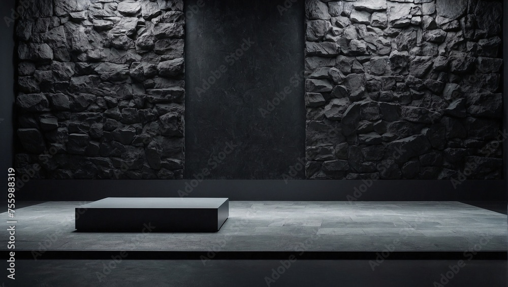 monochromatic scene unfolds, with cold, dark gray stones forming a rigid backdrop. The minimalist design of the mockup podium exudes an air of simplicity and elegance - obrazy, fototapety, plakaty 
