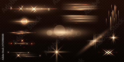 Set of Shine glowing stars. Glow isolated gold transparent light effect set, lens flare, explosion, glitter, dust, line, sun flash, spark and stars