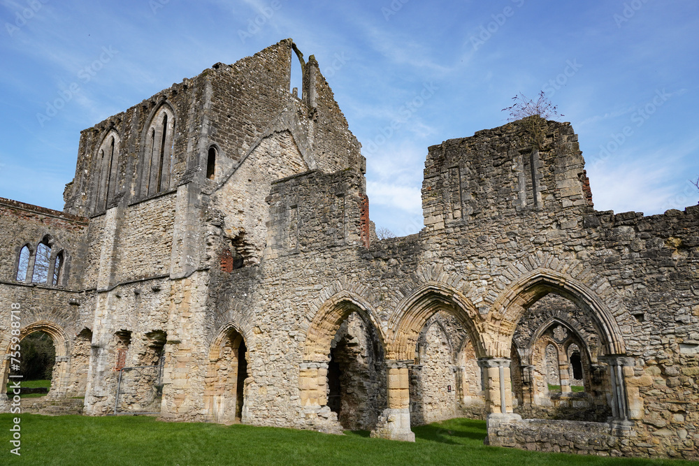 Medieval stone ruins of former abbey. historic religious architecture 