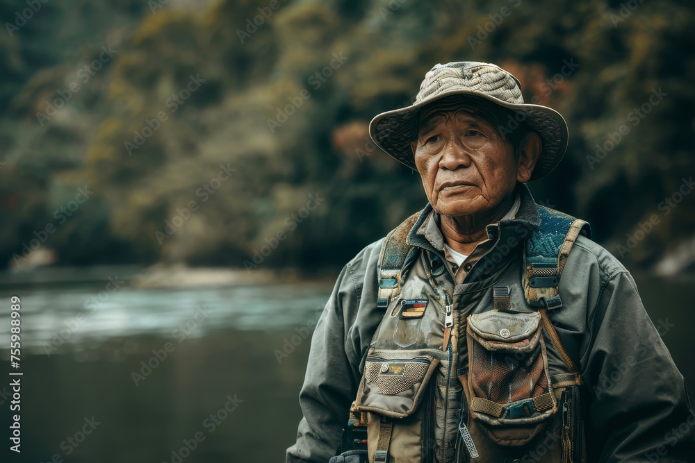 a fisherman wearing a hat and a vest with many pockets