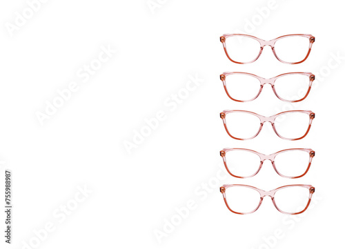 Row of glasses with pink frames isolated on a white background. Copy space to left.