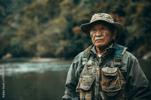 a fisherman wearing a hat and a vest with many pockets photo