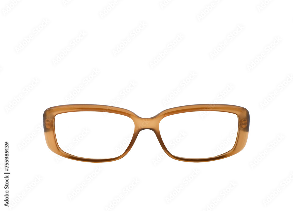 Fototapeta premium Pairs of glasses with brown frame isolated on a plain white background. Copy space. Eyesight concept.