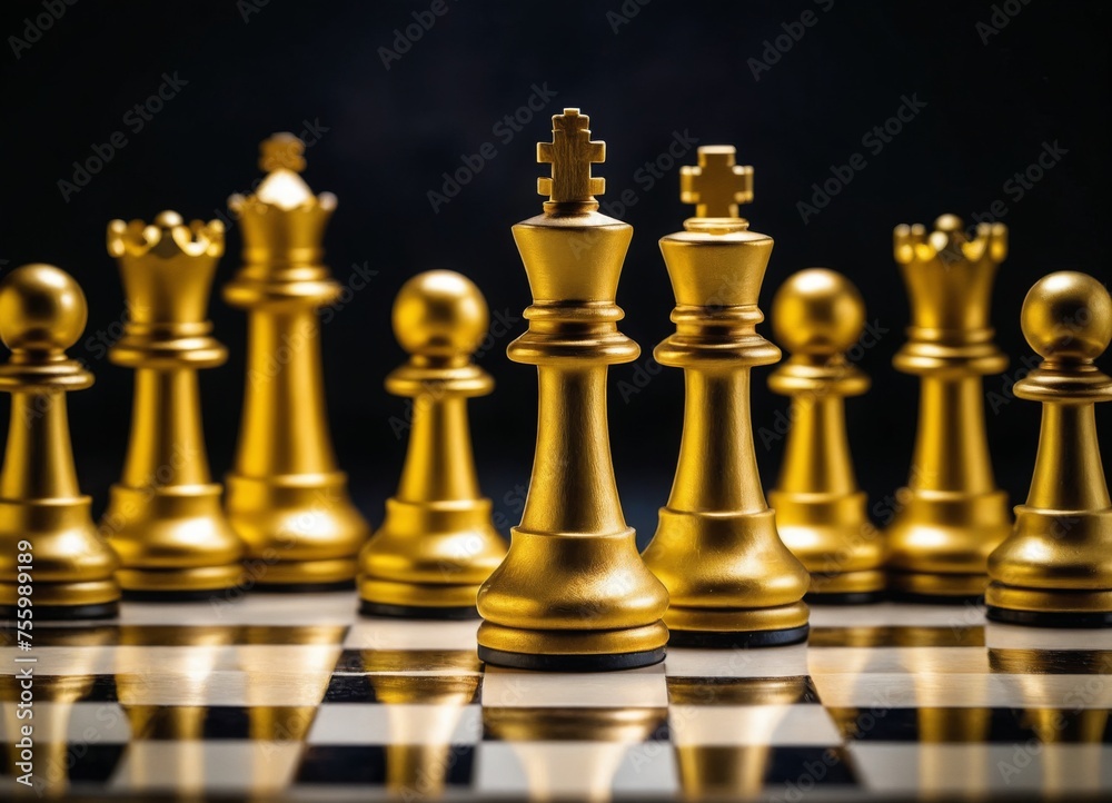 a golden chess set on a black and white checkered board with a black background 