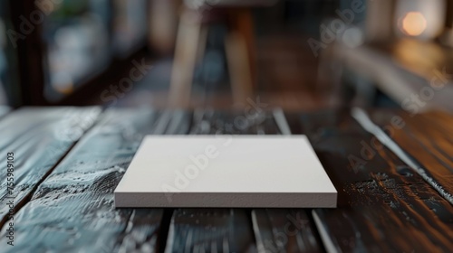 A simple white square on a wooden table, perfect for minimalistic designs.