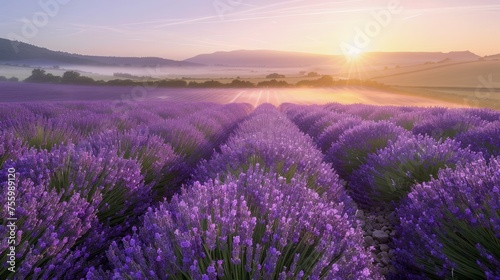 Picturesque Lavender Fields at Sunrise with Mist and Mountains in the Background  Vivid Purple Flowers Basking in Sunlight