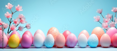 a row of colorful easter eggs with pink flowers on a blue background . High quality