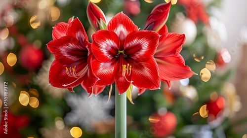 Vibrant Red Amaryllis Flower Blooming Indoors with Festive Christmas Tree Lights in the Background photo