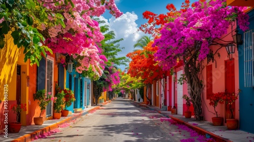 Vibrant Colors of a Quaint Colonial Street Lined with Traditional Houses and Blooming Bougainvillea in a Sunny Day Clear Sky © pisan