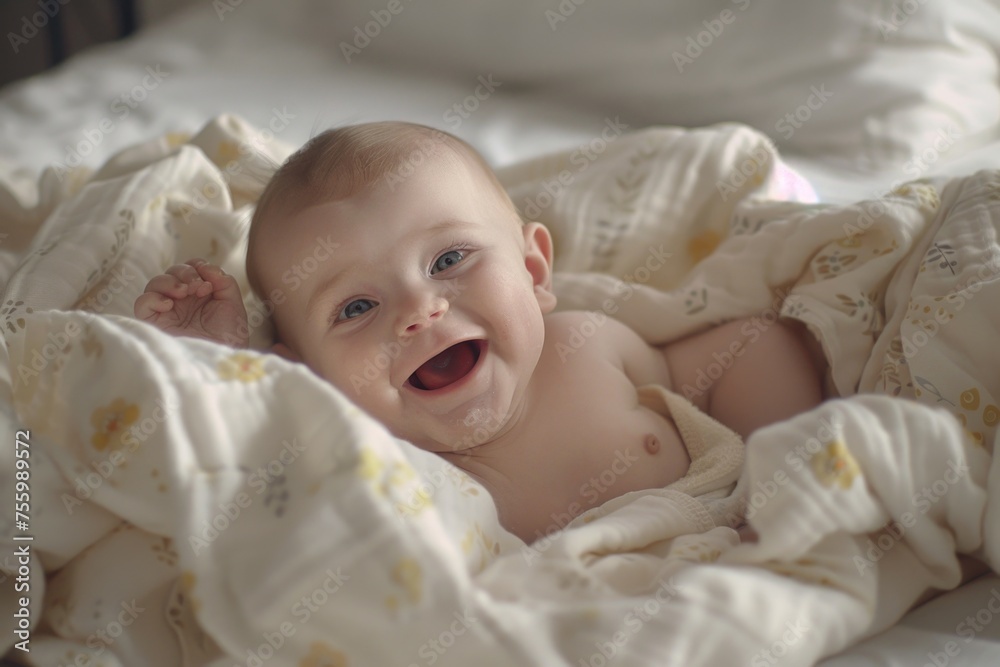 A smiling baby laying on a bed covered in a blanket. Perfect for family and parenting concepts.