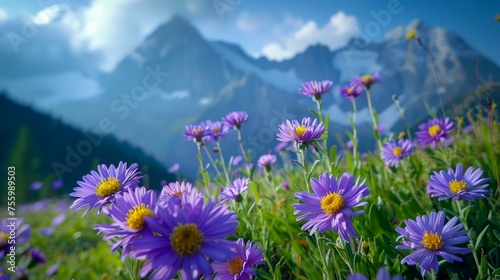 Picturesque Alpine Landscape with Blooming Purple Flowers and Majestic Mountains Under Clear Blue Sky