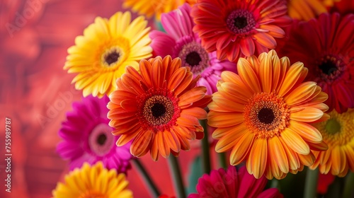 Vibrant Collection of Gerbera Daisies in a Rainbow of Colors Against a Red Textured Background