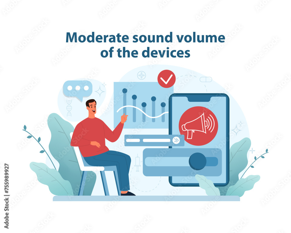 Device Volume Control. Illustration of a person managing the volume on a device.