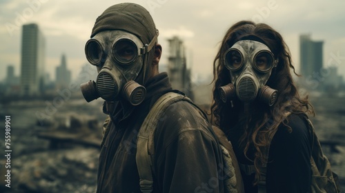 A young couple in gas masks against the background of a destroyed city among smoke and ash