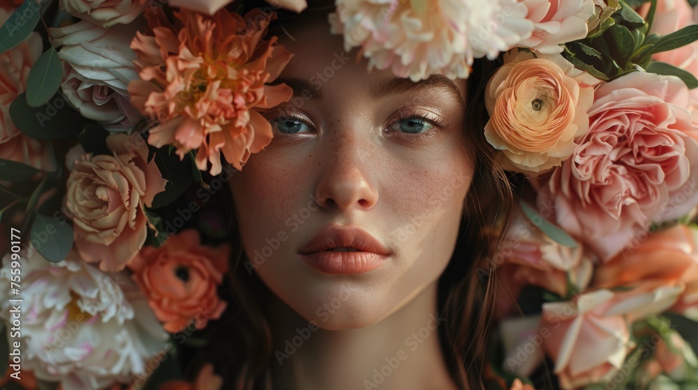 A woman wearing a flower crown, suitable for nature and beauty concepts. A woman wearing a flower crown, suitable for nature and beauty concepts.