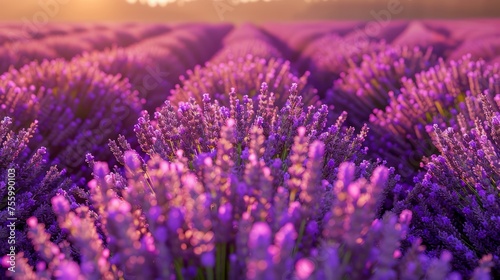Majestic Lavender Field at Sunset with Vibrant Purple Blooms and Soft Golden Light Illuminating the Farm Landscape