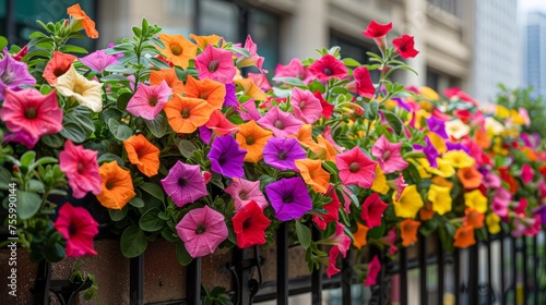 Vibrant Assorted Petunias Blooming on Urban Balcony Railing - A Splash of Color Against Cityscape Background