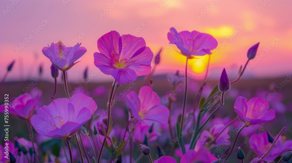 Tranquil Sunset View Over Vibrant Wildflower Meadow with Pink Blooms and Colorful Twilight Sky Tranquil Sunset View Over Vibrant Wildflower Meadow with Pink Blooms and Colorful Twilight Sky