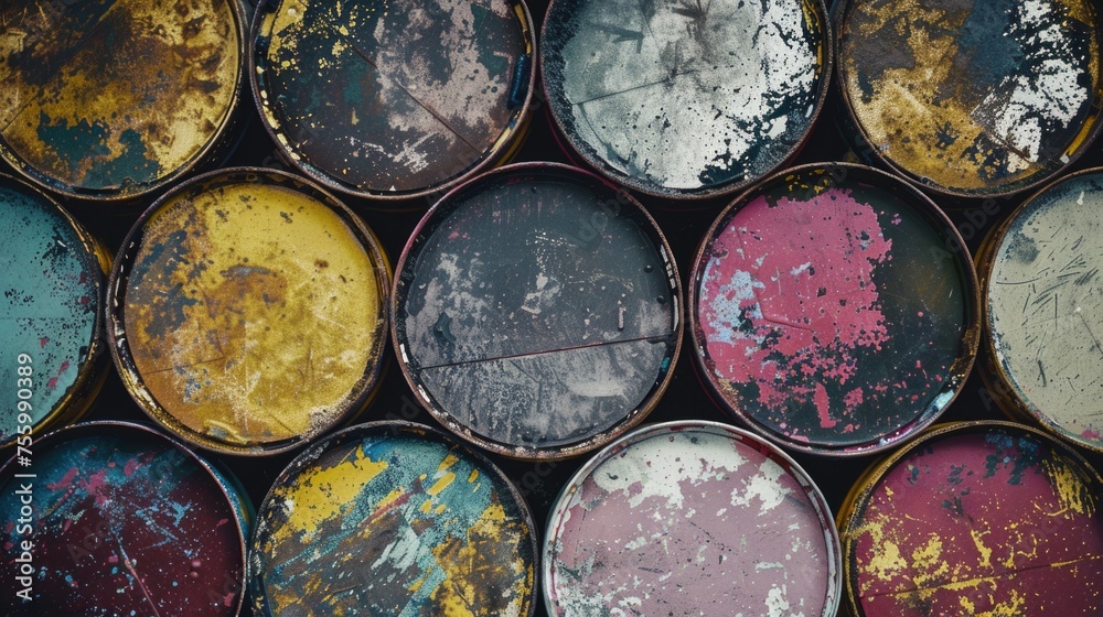 Close up view of colorful paint barrels. Ideal for art and renovation projects. Close up view of colorful paint barrels. Ideal for art and renovation projects.