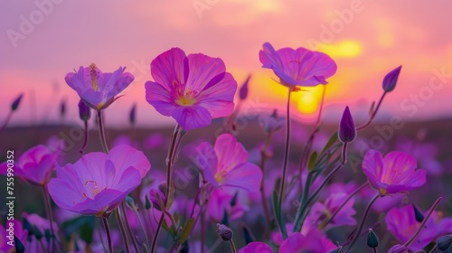 Tranquil Sunset View Over Vibrant Wildflower Meadow with Pink Blooms and Colorful Twilight Sky
