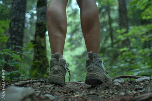A person standing on a trail in the woods. Suitable for nature or hiking themes.