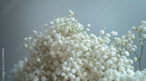 Close-up of Elegant White Baby's Breath Flowers on a Soft Gray Background for Calm Aesthetic Designs