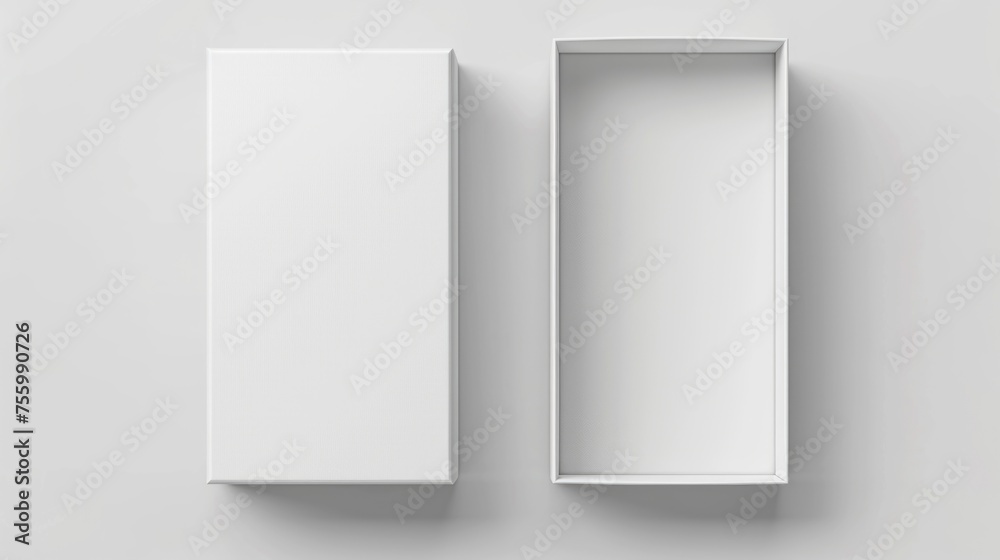 Two white empty boxes on a white surface. Suitable for product mockups. Two white empty boxes on a white surface. Suitable for product mockups.