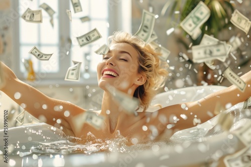 Woman surrounded by flying money in a bathtub  ideal for finance or luxury concepts.