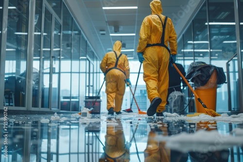 Two men in yellow suits cleaning the floor, suitable for cleaning service advertisements. photo