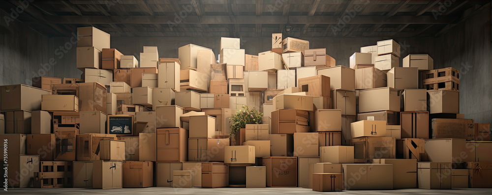 A pile of diverse unnamed boxes in small warehouse. A pile of diverse unnamed boxes in small warehouse.