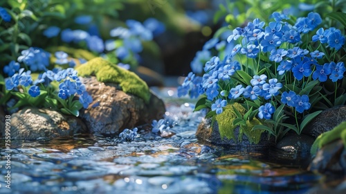Serene Stream Flowing Through Lush Forest with Vibrant Blue Flowers and Mossy Rocks