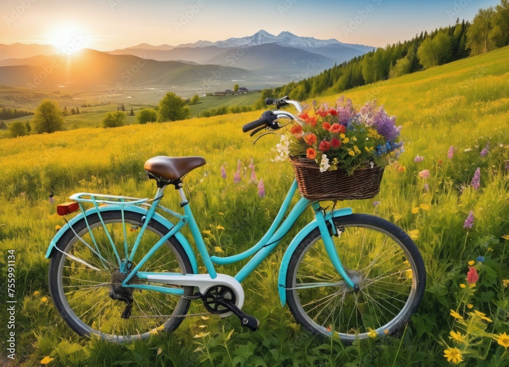Bicycle with a wicker basket in a Beautiful spring landscape with colorful wildflowers in a green meadow,